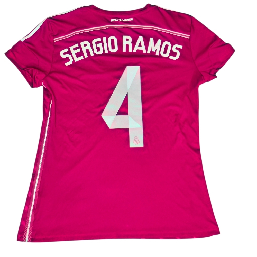 Sergio Ramos Adidas Women's Bright Pink V-Neck Jersey REAL MADRID 2014 2015 AWAY - Picture 3 of 13